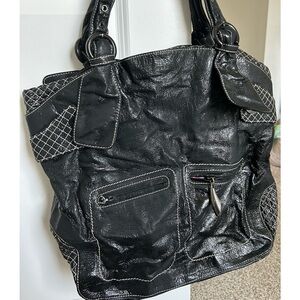 Francesco Biasia Vintage quilted black patent leather tote with colorful lining